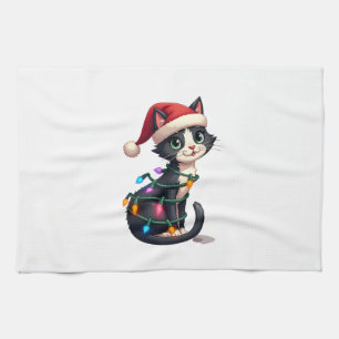 Christmas Cat Tuxedo black cat xmas lights kitty c Tea Towel