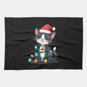 Christmas Cat Tuxedo black cat xmas lights kitty c Tea Towel