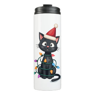 Christmas Cat Tuxedo black cat xmas lights kitty c Thermal Tumbler