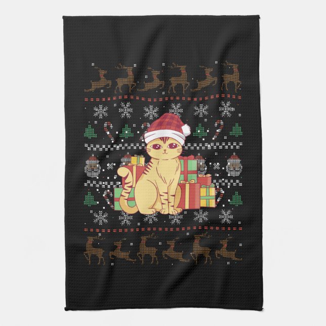 Christmas Cat Ugly Christmas Gift Tea Towel (Vertical)