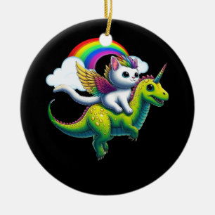 Christmas Cat Unicorn Riding Dinosaur Kitten Space Ceramic Ornament
