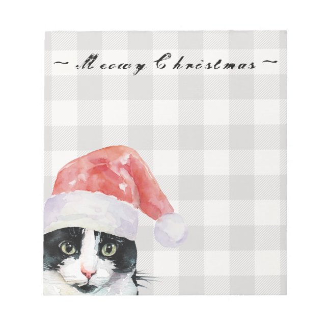 Christmas Cat wishes Meowy Christmas Buffalo Plaid Notepad (Front)