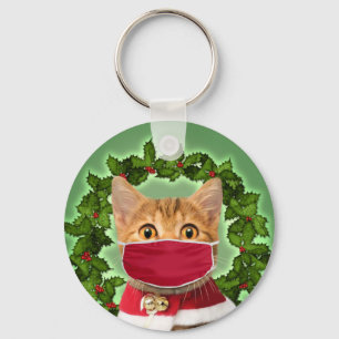 Christmas Cat with coronavirus mask Key Ring