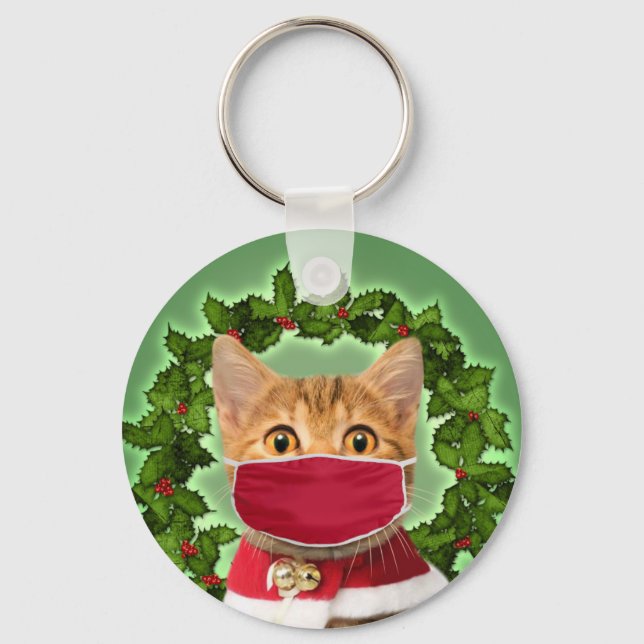 Christmas Cat with coronavirus mask Key Ring (Front)