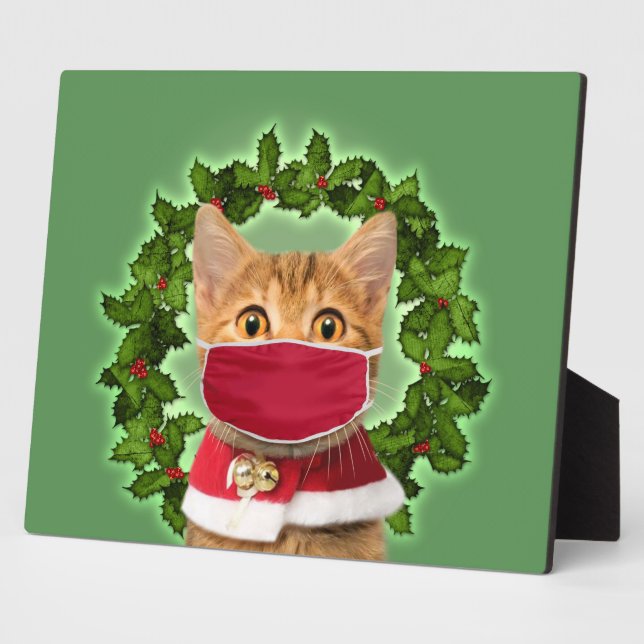 Christmas Cat with coronavirus mask Plaque (Side)