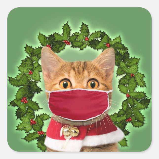 Christmas Cat with coronavirus mask Square Sticker (Front)