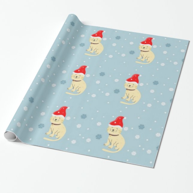 Christmas cat with hat on blue wrapping paper (Unrolled)
