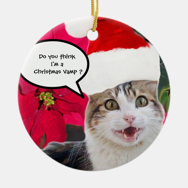 CHRISTMAS CAT WITH SANTA CLAUS HAT AND POINSETTIAS CERAMIC ORNAMENT (Front)