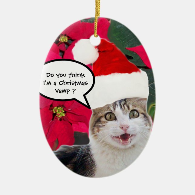 CHRISTMAS CAT WITH SANTA CLAUS HAT AND POINSETTIAS CERAMIC ORNAMENT (Front)