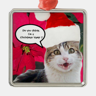 CHRISTMAS CAT WITH SANTA CLAUS HAT AND POINSETTIAS METAL TREE DECORATION