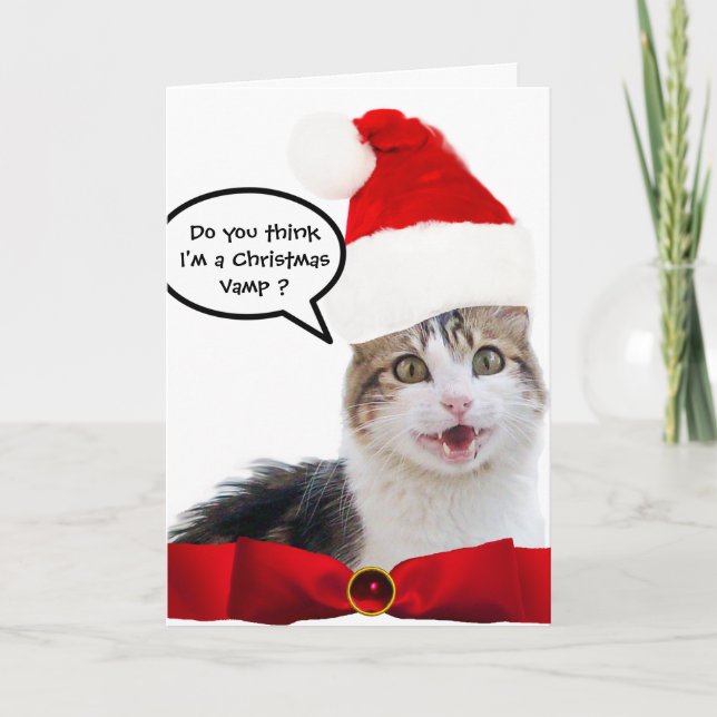 CHRISTMAS CAT WITH SANTA CLAUS HAT AND RED RIBBON HOLIDAY CARD (Front)