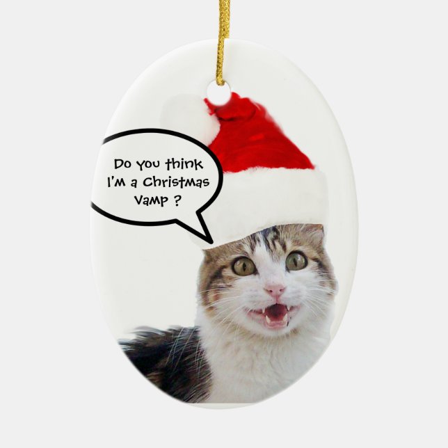 CHRISTMAS CAT WITH SANTA CLAUS HAT CERAMIC ORNAMENT (Front)