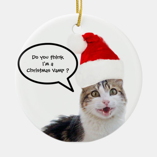 CHRISTMAS CAT WITH SANTA CLAUS HAT CERAMIC ORNAMENT (Front)