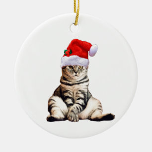 Christmas Cat With Santa Hat Ceramic Ornament