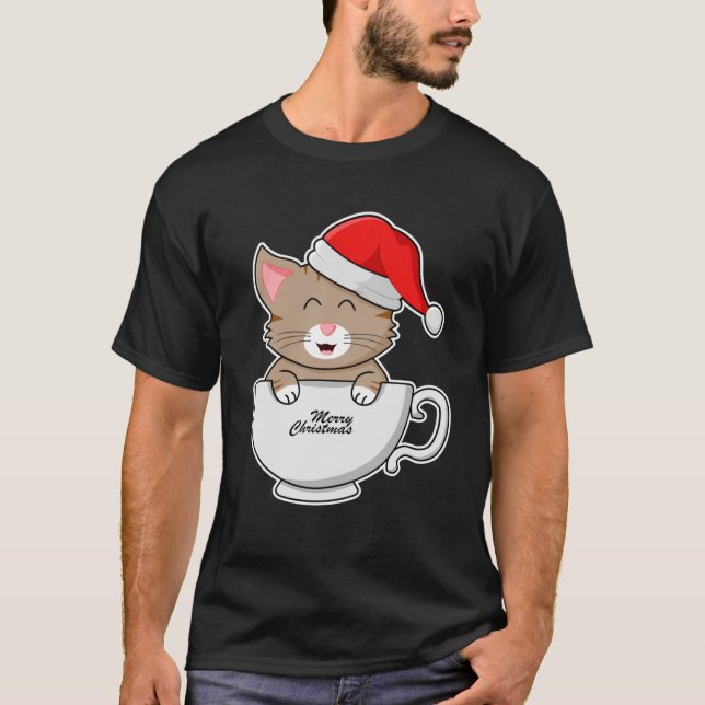 Christmas Cat With Santa Hat In A Cup Merry Christ T-Shirt (Front)