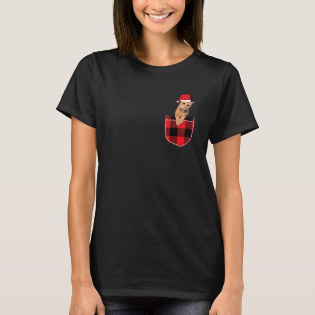 Christmas Cat With Santa Hat In Pocket T-Shirt (Front)