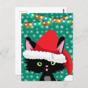 Christmas Cat with Santa Hat Snowflakes and Lights Postcard