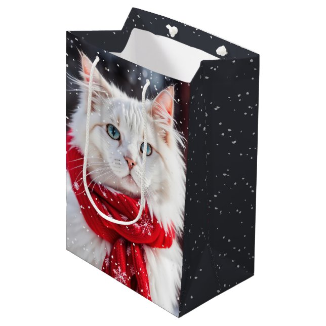 Christmas Cat With Scarf and Snowflakes Medium Gift Bag (Front Angled)