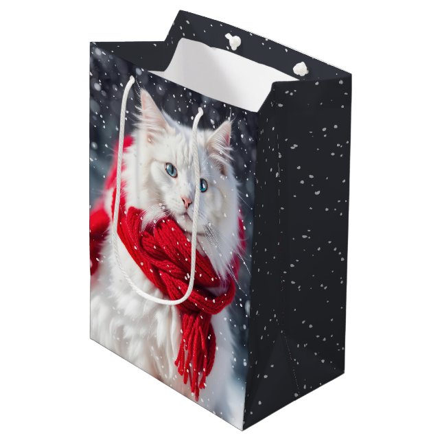 Christmas Cat With Scarf and Snowflakes Medium Gift Bag (Front Angled)