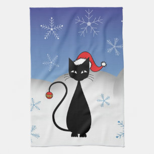 Christmas Cat with Snowflakes Tea Towel