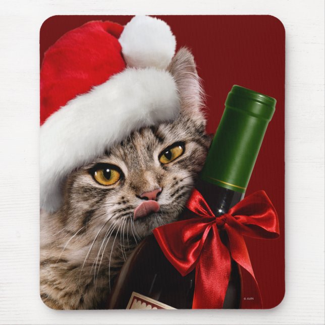 Christmas Cat With Wine Bottle Mouse Pad (Front)