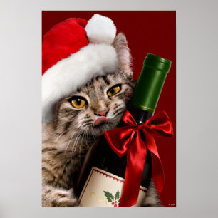 Christmas Cat With Wine Bottle Poster