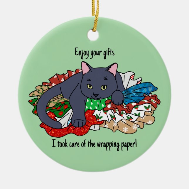 Christmas cat with wrapping paper ceramic ornament (Front)