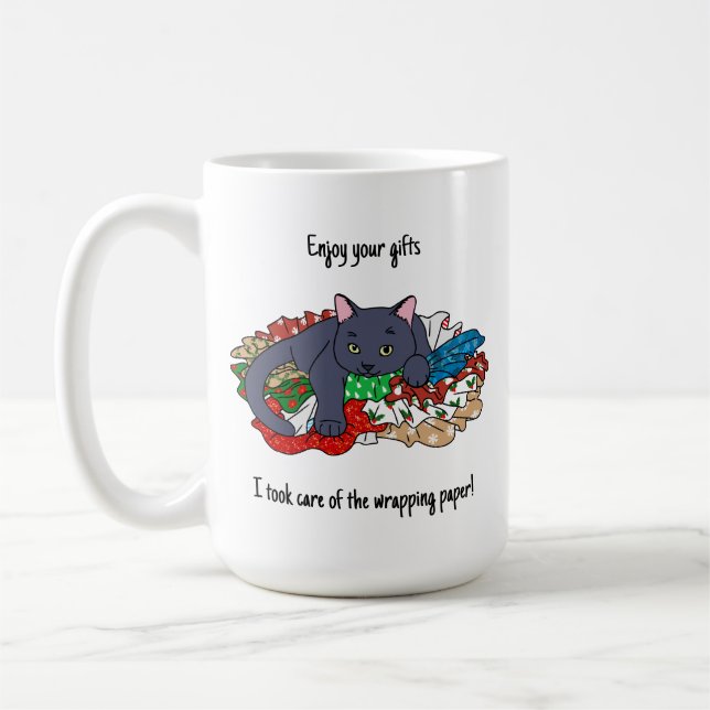 Christmas cat with wrapping paper coffee mug (Left)