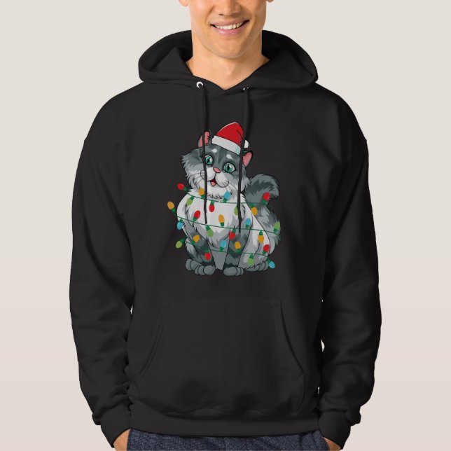 Christmas Cat Wrapped In Colourful Lights Wearing  Hoodie (Front)
