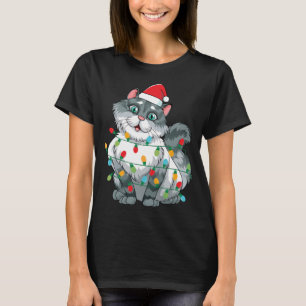 Christmas Cat Wrapped In Colourful Lights Wearing  T-Shirt