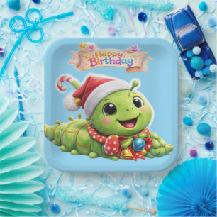 Christmas caterpillar, happy birthday 9 in.² paper plate