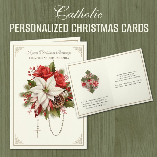 Christmas Catholic Rosary Mary Heart Poinsettias  Holiday Card (PERSONALIZED CATHOLIC CHRISTMAS CARDS WITH THE HOLY ROSARY AND HEART OF MARY)