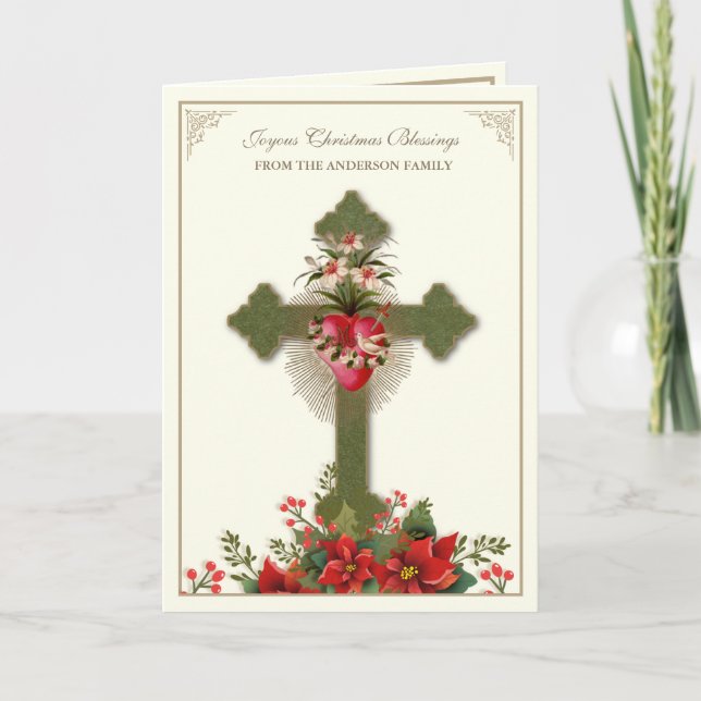 Christmas Catholic Virgin Mary Heart Poinsettias  Holiday Card (Front)