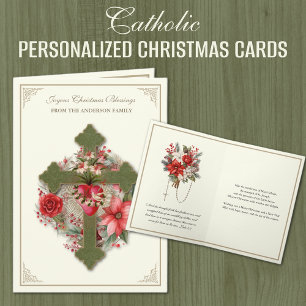 Christmas Catholic Virgin Mary Heart Poinsettias Holiday Card