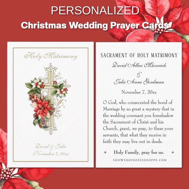 Christmas Catholic Wedding Favour Holy Card (Traditional Catholic Gold Cross Poinsettia Christmas prayer cards)