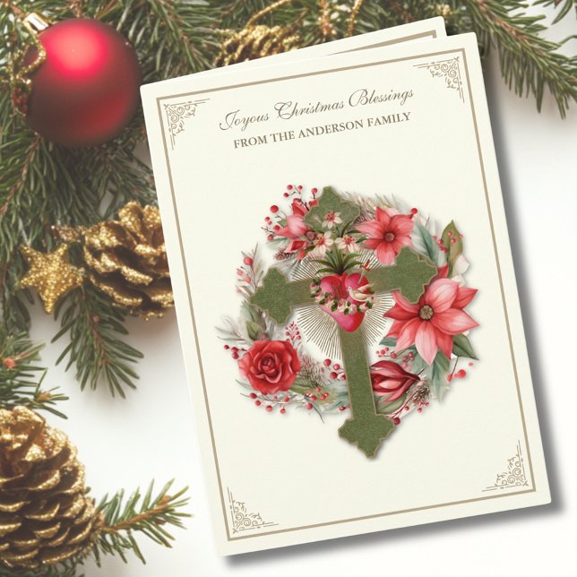 Christmas Catholici Virgin Mary Heart Poinsettias  Holiday Card (Creator Uploaded)