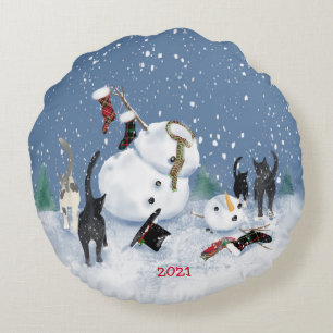 Christmas Cats 2and snowman 2 sided Round pillow