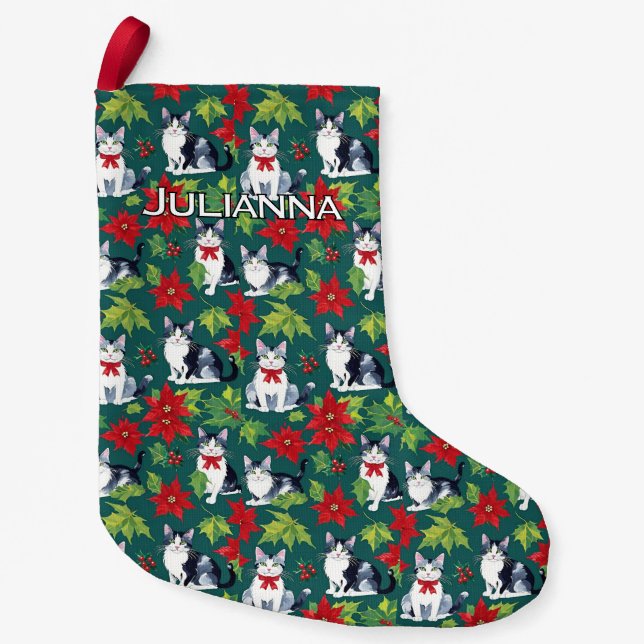 Christmas Cats And Poinsettias Small Christmas Stocking (Front)