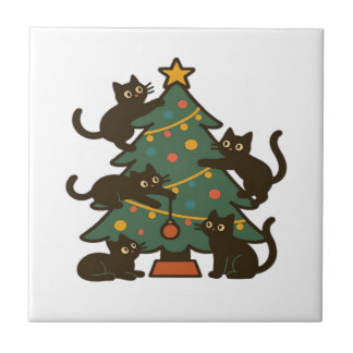 Christmas Cats Around The Tree Holiday Classic Ceramic Tile