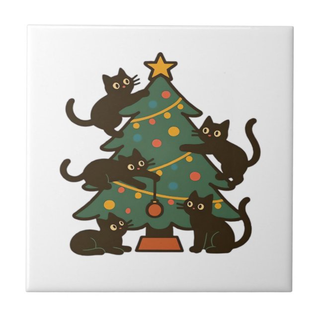 Christmas Cats Around The Tree Holiday Classic Ceramic Tile (Front)