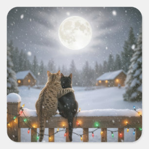 Christmas Cats Cuddling On a Snowy Fence Square Sticker