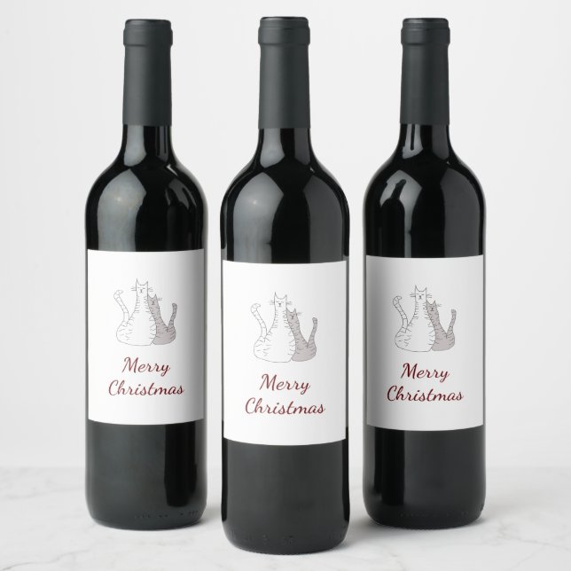 Christmas Cats Cute Drawing Elegant Script  Wine Label (Bottles)