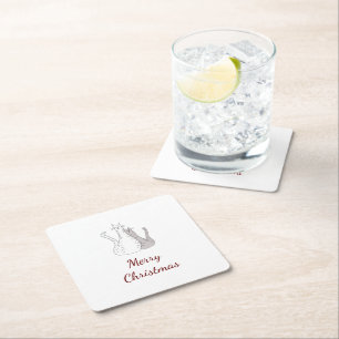Christmas Cats Drawing Cute Kitties Script Square Paper Coaster