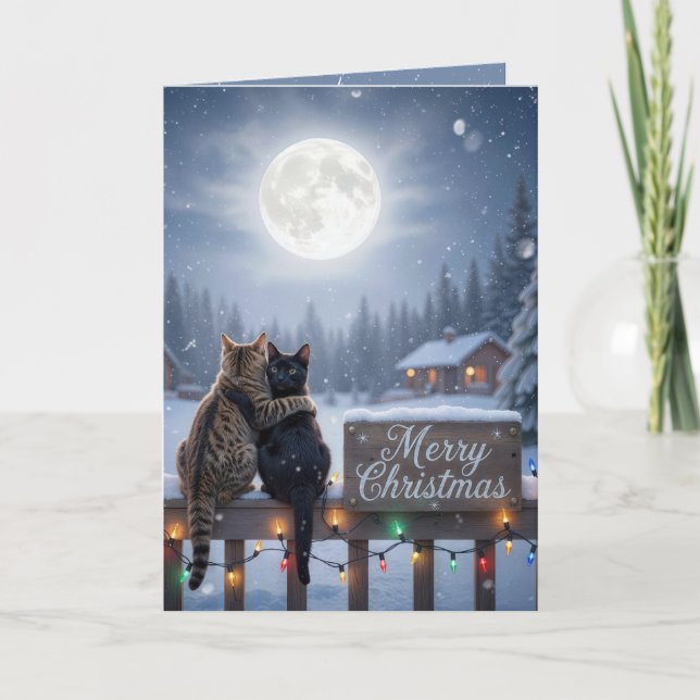 Christmas Cats Embracing On a Snowy Fence Card (Front)
