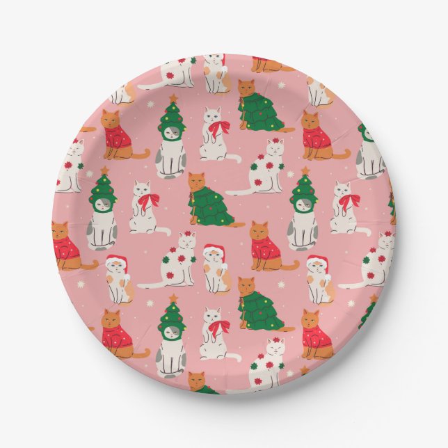 Christmas Cats in Festive Attire Pattern Paper Plate (Front)