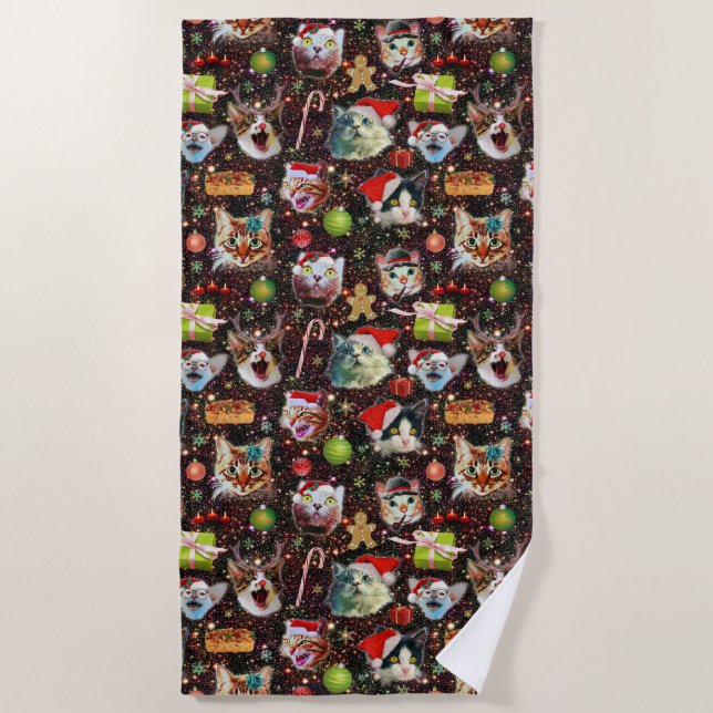 Christmas Cats in Space Galaxy Stars Funny Holiday Beach Towel (Front)