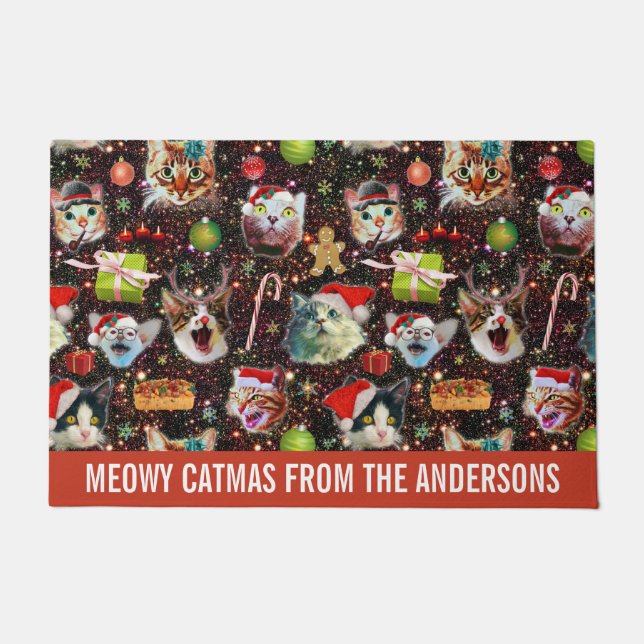 Christmas Cats in Space Galaxy Stars Funny Holiday Doormat (Front)