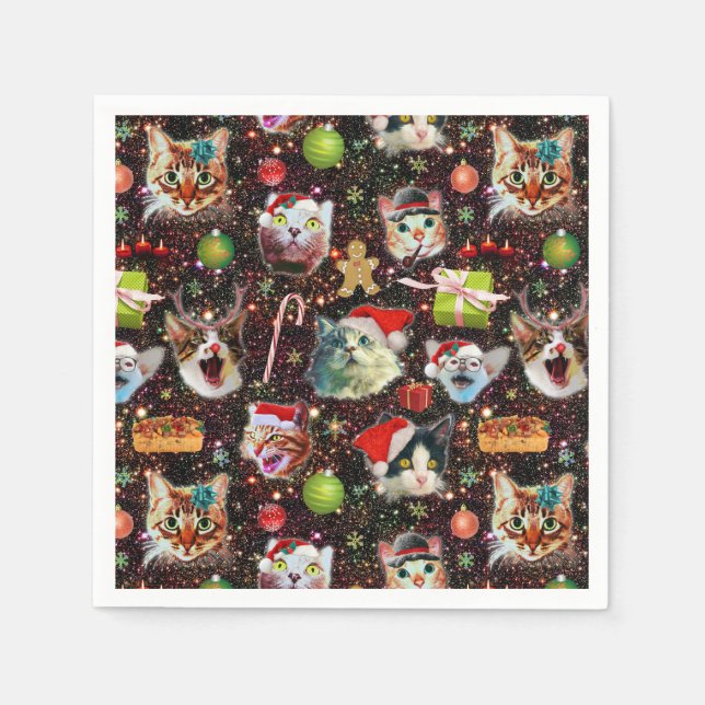Christmas Cats in Space Galaxy Stars Funny Holiday Napkin (Front)