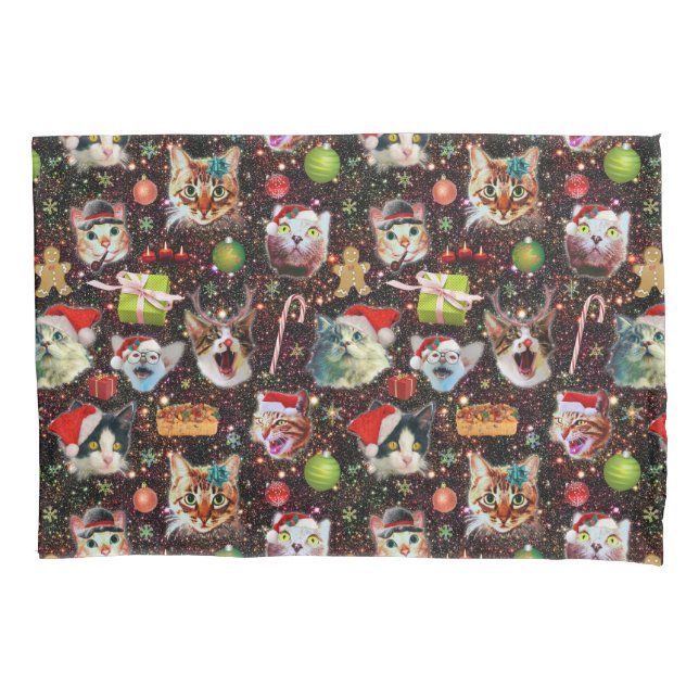 Christmas Cats in Space Galaxy Stars Funny Holiday Pillowcase (Front)