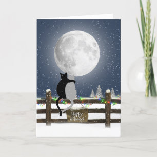Christmas Cats on Fence with Moon Holiday Card